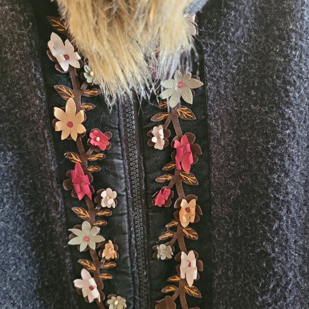 Applique Floral Trim, Womens Grey Jacket with Faux Fur Hood, Vintage, S